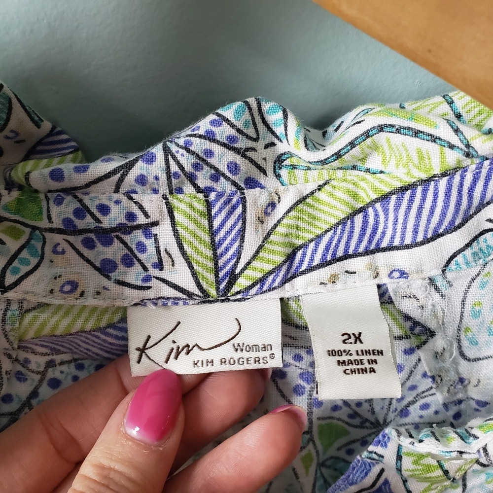 KIM ROGERS Top 2X Short 100% Linen Sleeve Button Up Printed Shirt - Picture 3 of 6